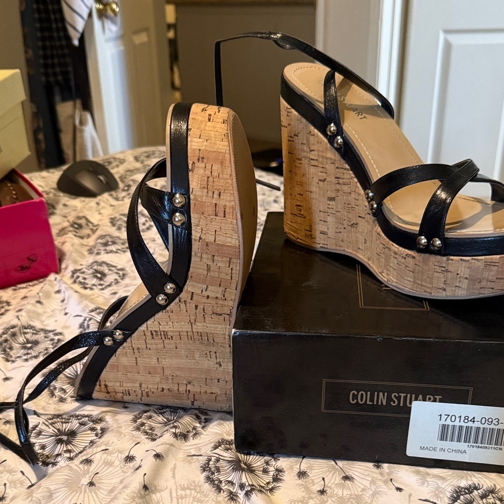 Colin Stuart Black Cork Platform Wedge Sandals